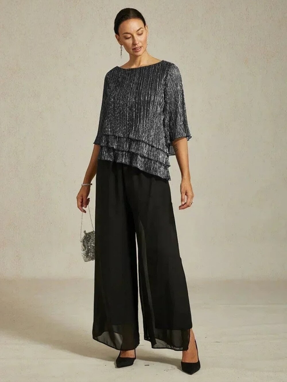 MSGLAMOR Metallic Pleated Chiffon Asymmetrical Blouse Shirt Top M